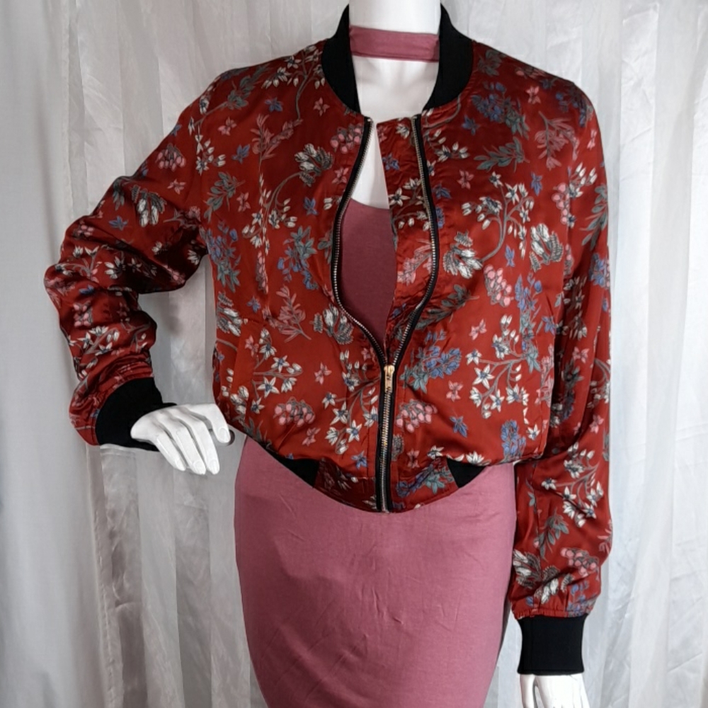 Floral Burgundy Lightweight Bomber Zipper Jacket - Picture 2 of 9